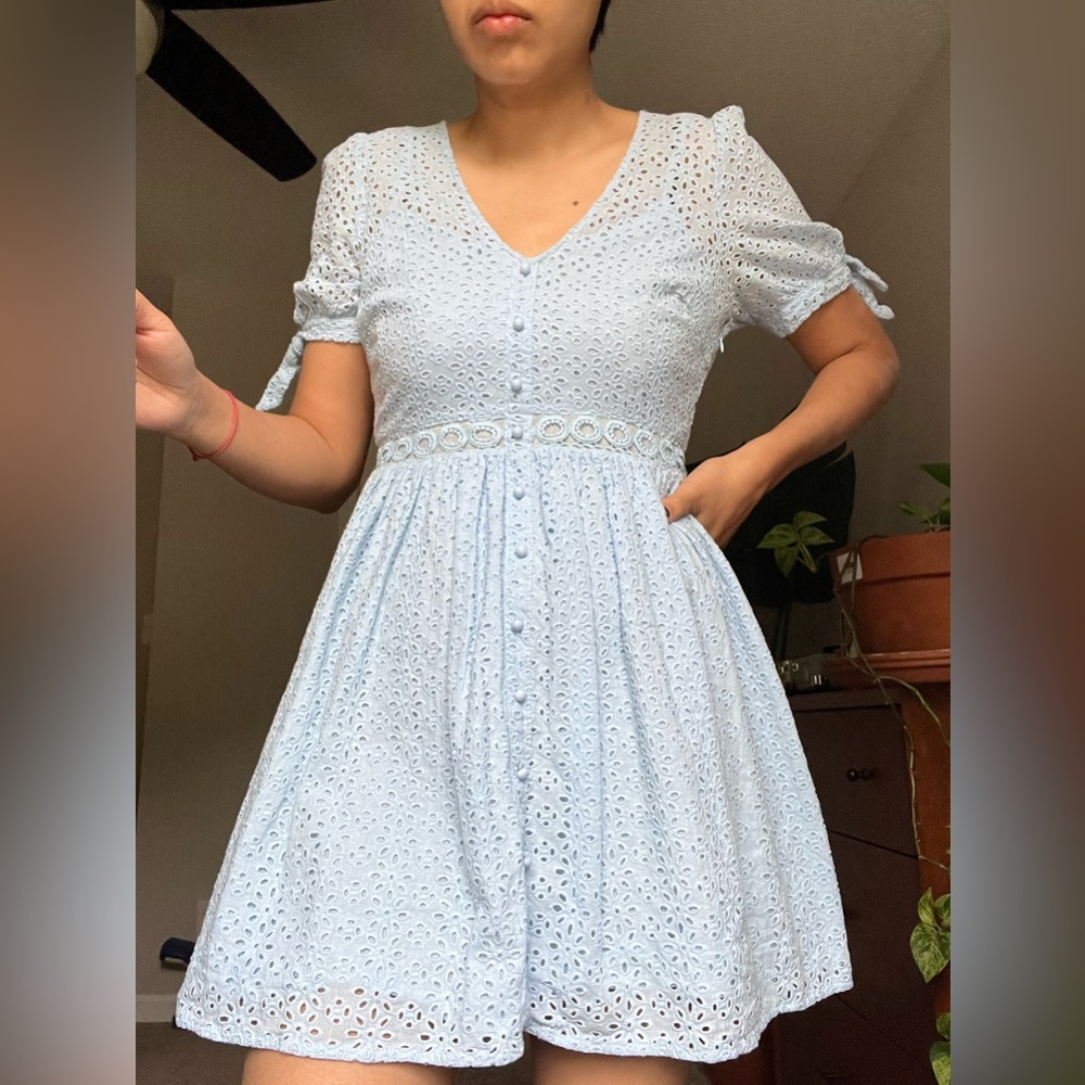 Aqua Light Blue Eyelet Midi Dress - Picture 2 of 16